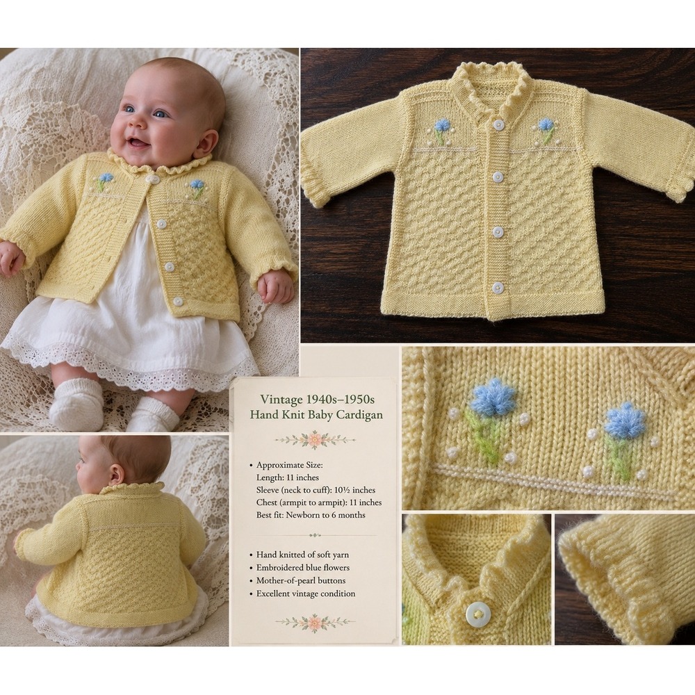 Vintage 1940s 1950s Hand Knit Baby Cardigan Yellow Embroidered Flower 0-6M